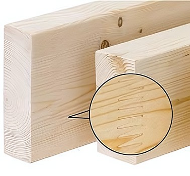 Originalaufnahme von Konstruktionsvollholz aus Fichte mit Keilzinkungsdetail